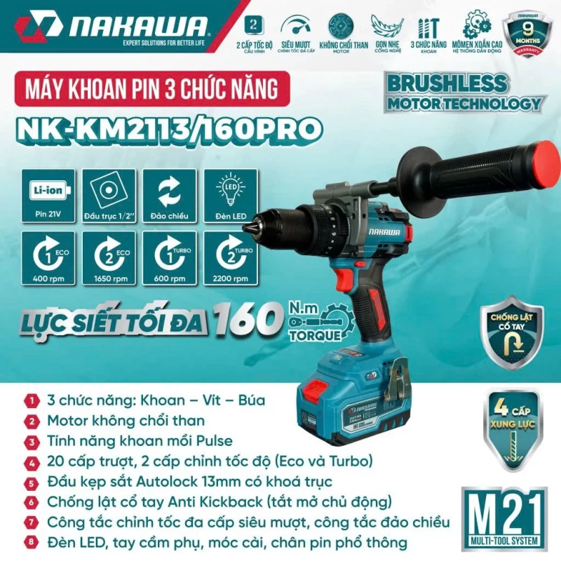 Máy khoan pin 3 chức năng NAKAWA NK-KM2113/160PRO - Thumbnail 2