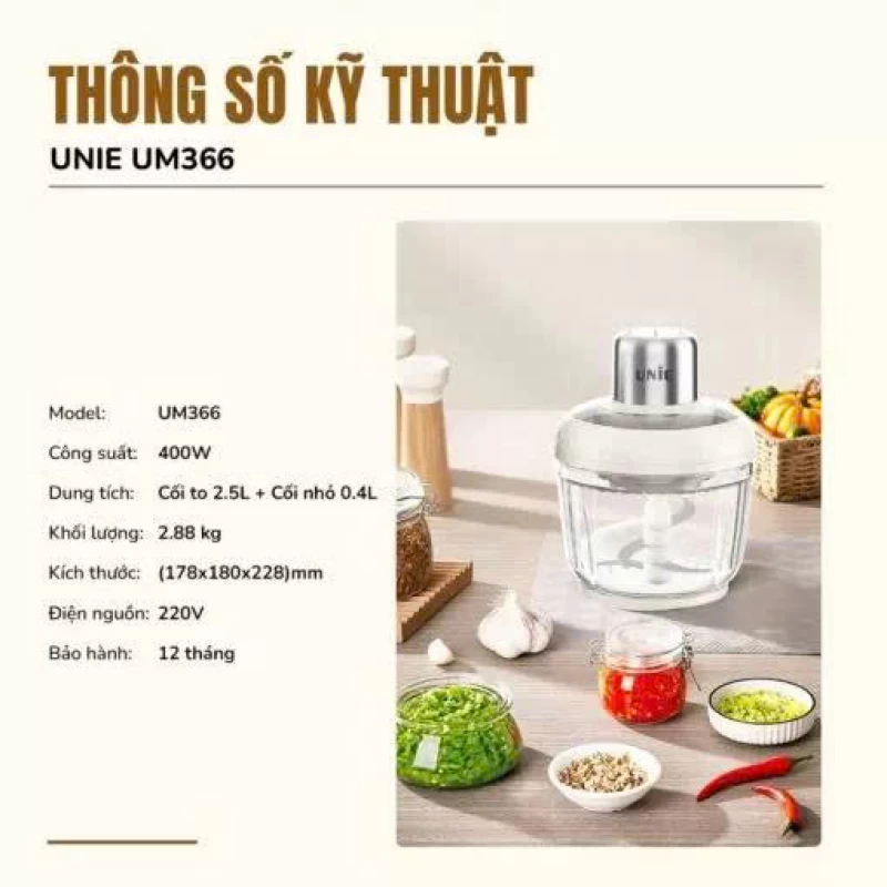 Máy xay thịt UNIE UM366 dung tích 2,5L, 2 cối xay thủy tinh, đánh ruốc, bóc tỏi tiện lợi - Thumbnail 1