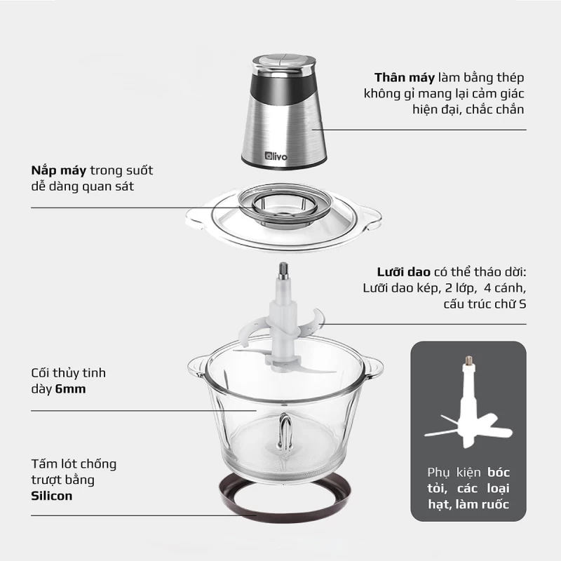 Máy Xay Thực Phẩm Đa Năng OLIVO FC21 - Dung Tích 2.1L - Công Suất 500W - Thumbnail 6