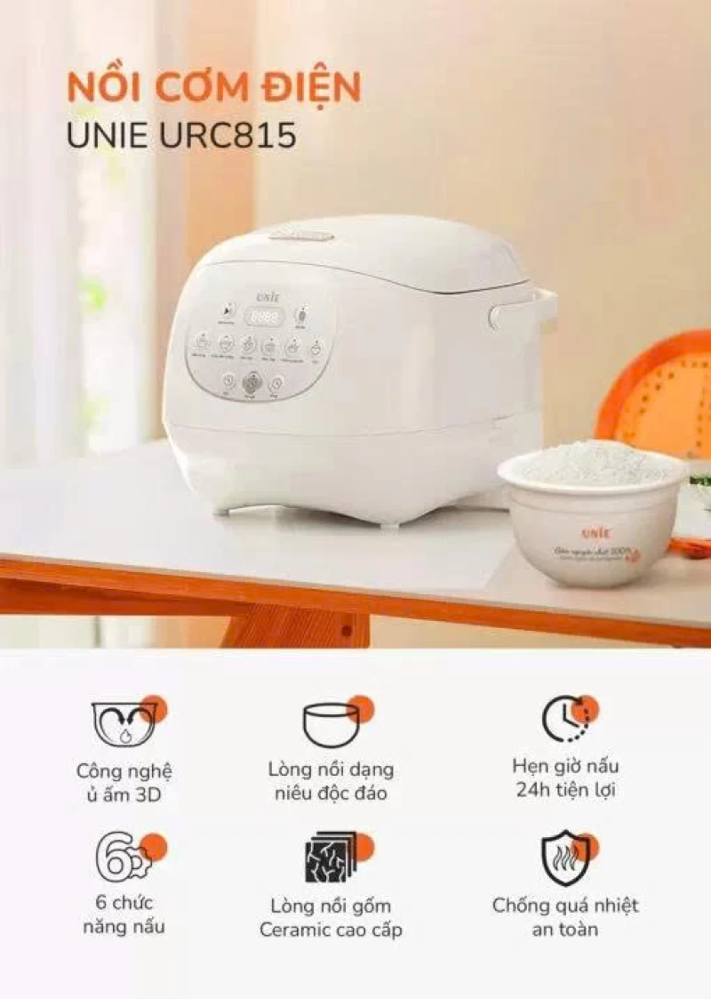 Nồi cơm điện lòng gốm tự nhiên UNIE URC815 nấu cơm cháy giòn tan, dung tích 1,5L, hẹn giờ nấu 24 tiếng - Thumbnail 2