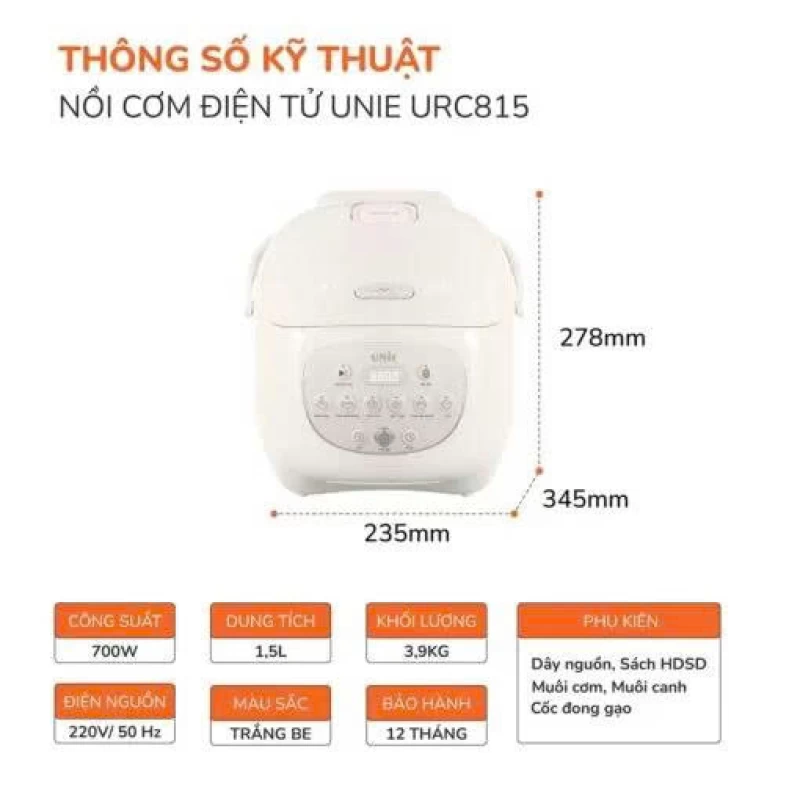 Nồi cơm điện lòng gốm tự nhiên UNIE URC815 nấu cơm cháy giòn tan, dung tích 1,5L, hẹn giờ nấu 24 tiếng - Thumbnail 10