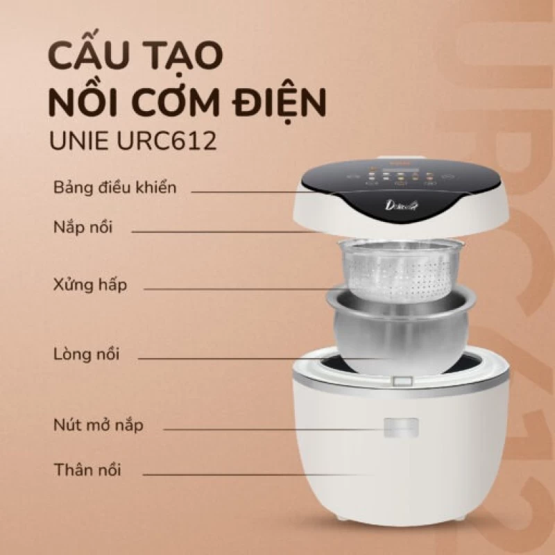 Nồi cơm điện tử UNIE URC612 , nấu cơm giảm đường, lòng nồi inox, dung tích 1,2L - Ảnh 5