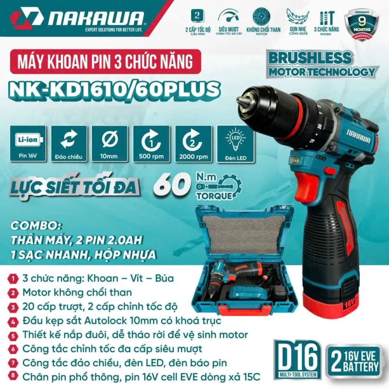 Máy khoan pin 3 chức năng NAKAWA NK-KD1610/60PLUS - Ảnh 1