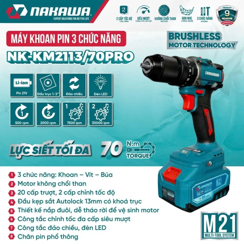Máy khoan pin 3 chức năng NAKAWA NK-KM2113/70PRO - Ảnh 1