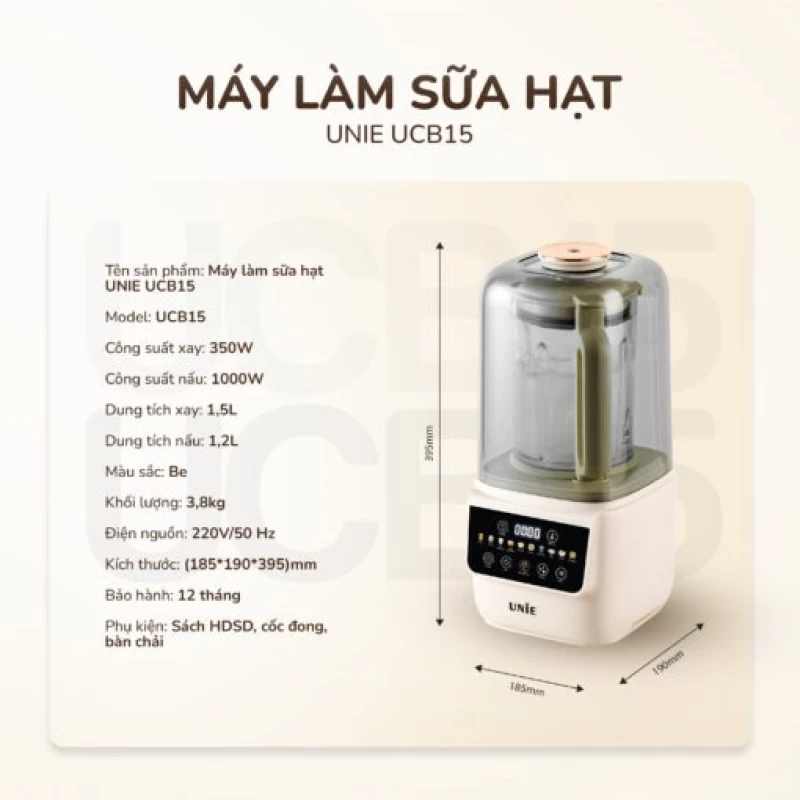 Máy làm sữa hạt UNIE UCB15 dung tích 1.5L, giảm ồn 30%, 10 chức năng nấu - Ảnh 5
