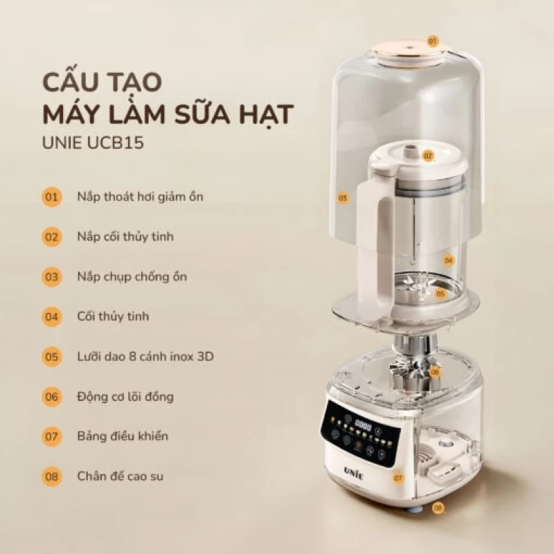 Máy làm sữa hạt UNIE UCB15 dung tích 1.5L, giảm ồn 30%, 10 chức năng nấu - Ảnh 4