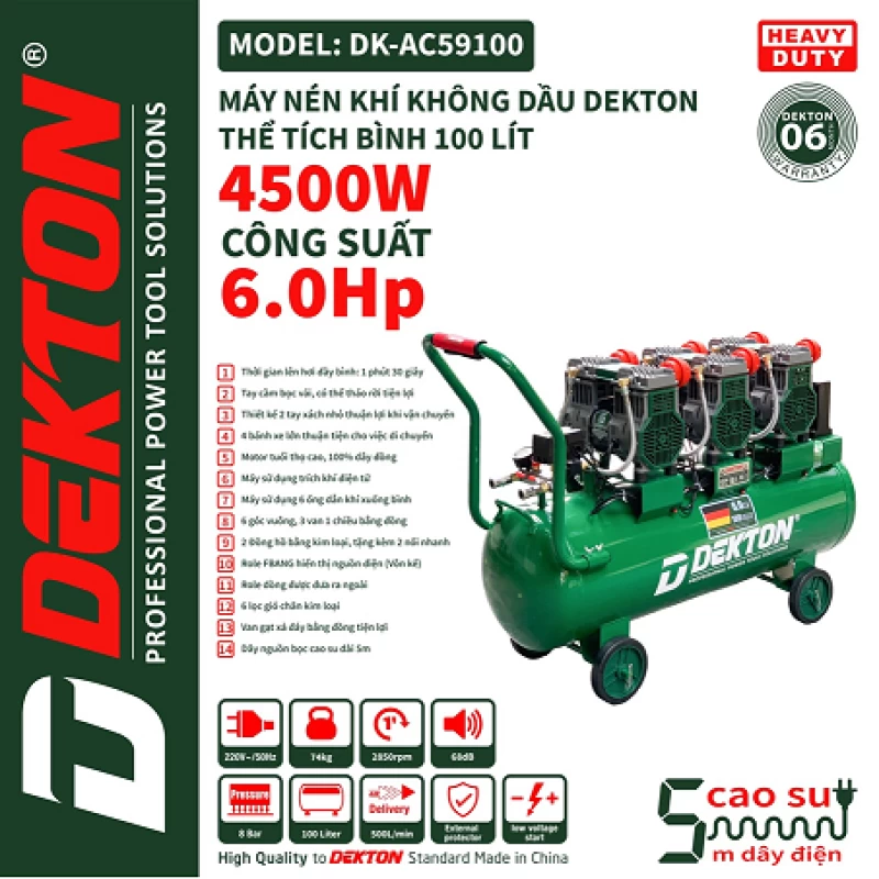 Máy nén khí Dekton không dầu 100 lít DK-AC59100 - Ảnh 2