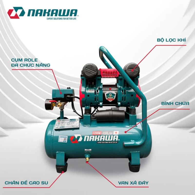 Máy Nén Khí Không Dầu Tốc Nhanh Siêu Êm 1200W 15L Nakawa NK-BH1615E - Ảnh 2