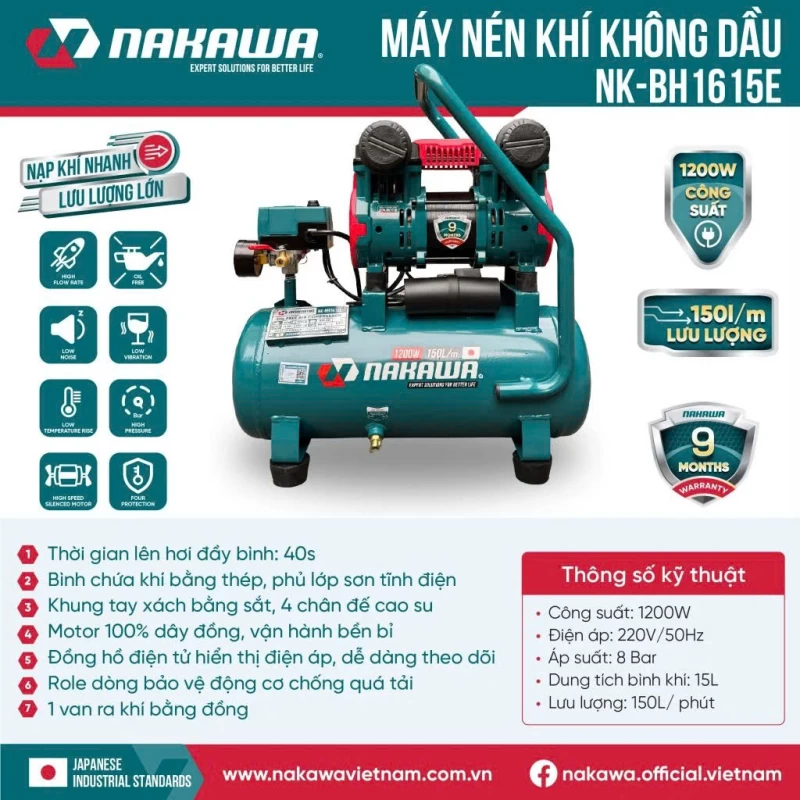 Máy Nén Khí Không Dầu Tốc Nhanh Siêu Êm 1200W 15L Nakawa NK-BH1615E - Ảnh 5