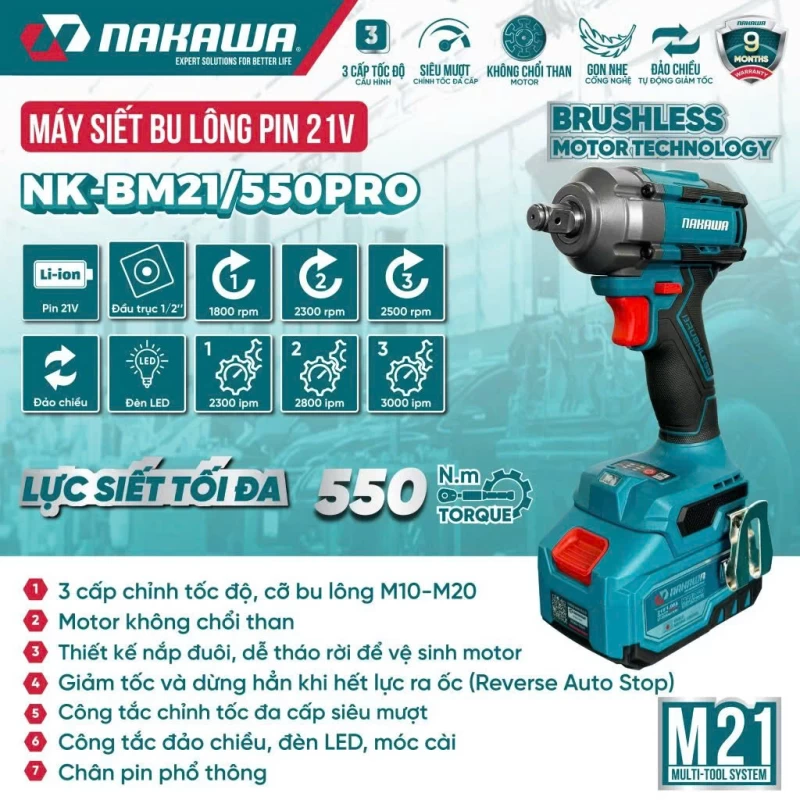 Máy siết bu lông pin NAKAWA NK-BM21/550PRO - Ảnh 3