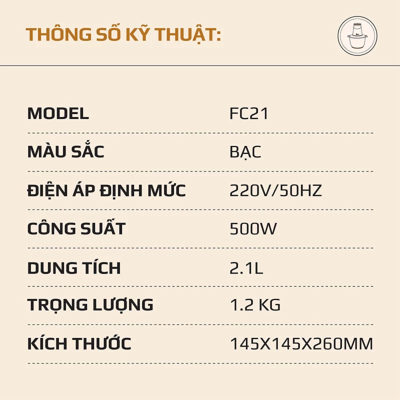 Máy Xay Thực Phẩm Đa Năng OLIVO FC21 - Dung Tích 2.1L - Công Suất 500W - Ảnh 2