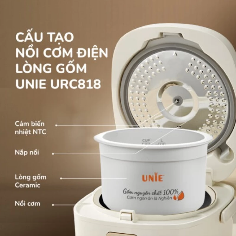 Nồi cơm điện lòng gốm cao cấp UNIE URC818, chống dính tự nhiên, dung tích 1,8L - Ảnh 6