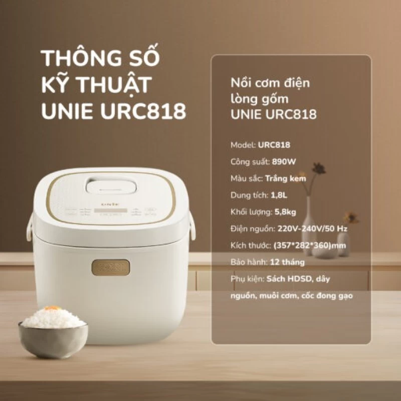 Nồi cơm điện lòng gốm cao cấp UNIE URC818, chống dính tự nhiên, dung tích 1,8L - Ảnh 3