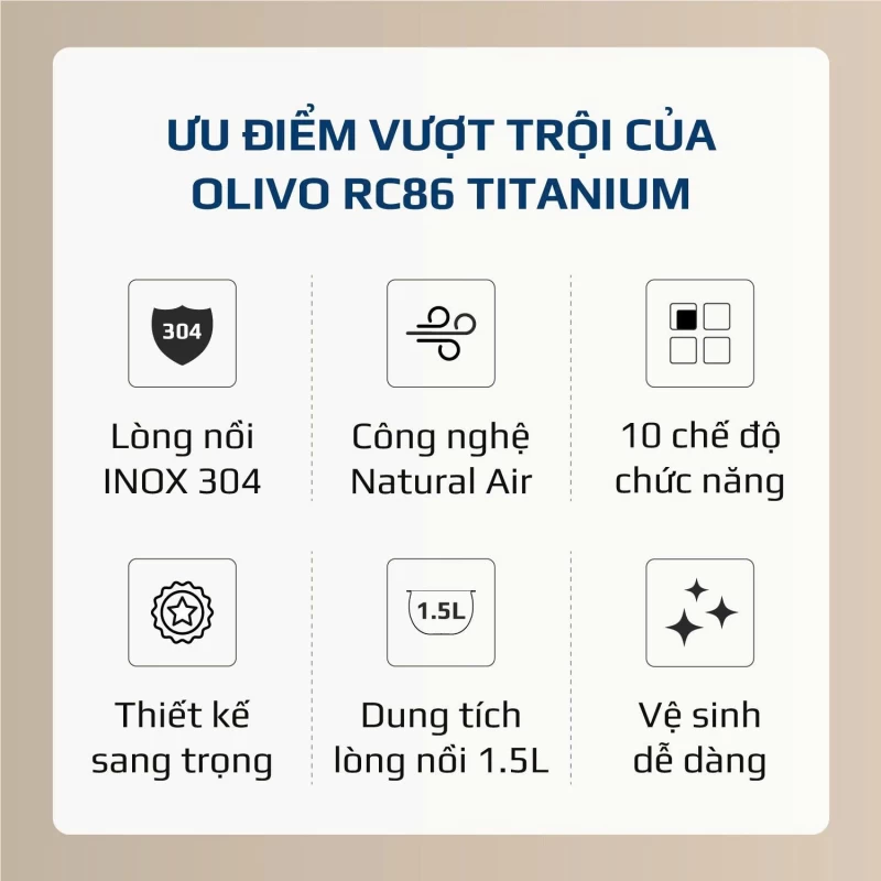 Nồi Cơm Điện OLIVO RC86 Titanium – Lòng Nồi INOX 304 Chống Dính Tự Nhiên, Nấu Cơm Ngon, Thiết Kế Tinh Tế, Sang Trọng - Ảnh 2