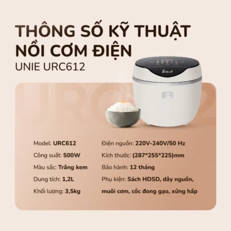 Nồi cơm điện tử UNIE URC612 , nấu cơm giảm đường, lòng nồi inox, dung tích 1,2L - Thumbnail 3