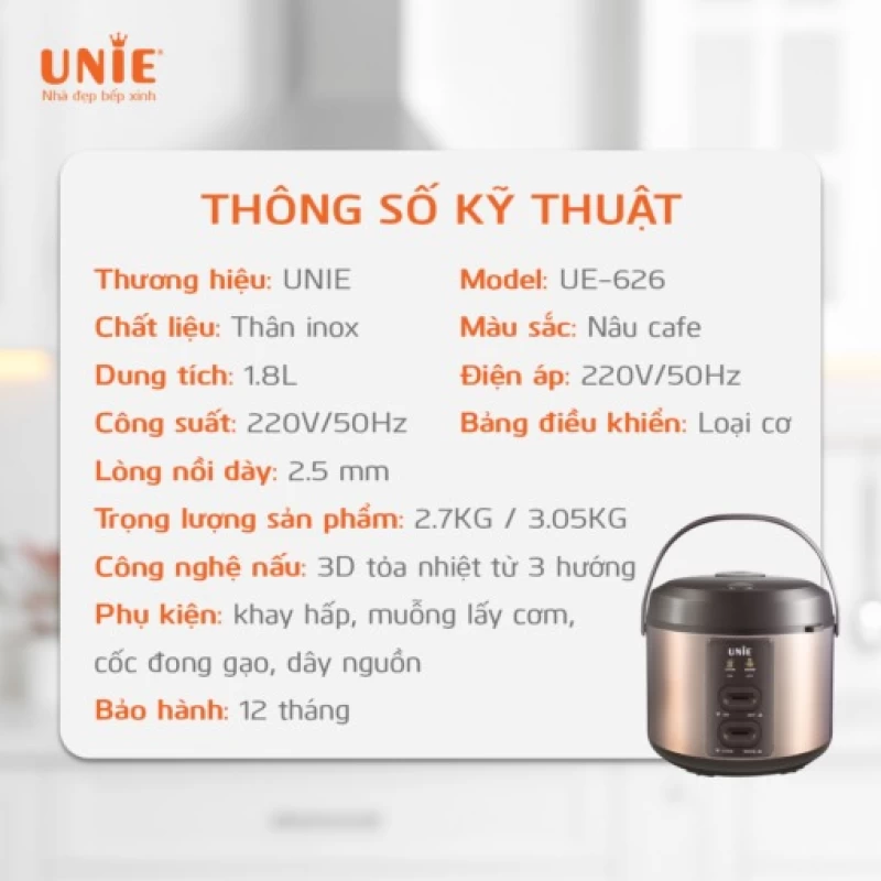 Nồi cơm điện UNIE UE-626 dung tích 1.8L, công suất 700W, lòng nồi chống dính 5 lớp - Ảnh 1
