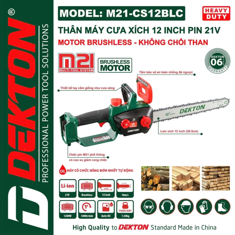 Thân máy cưa xích 12" dùng pin 21V Dekton M21-CS12BLC - Ảnh 4